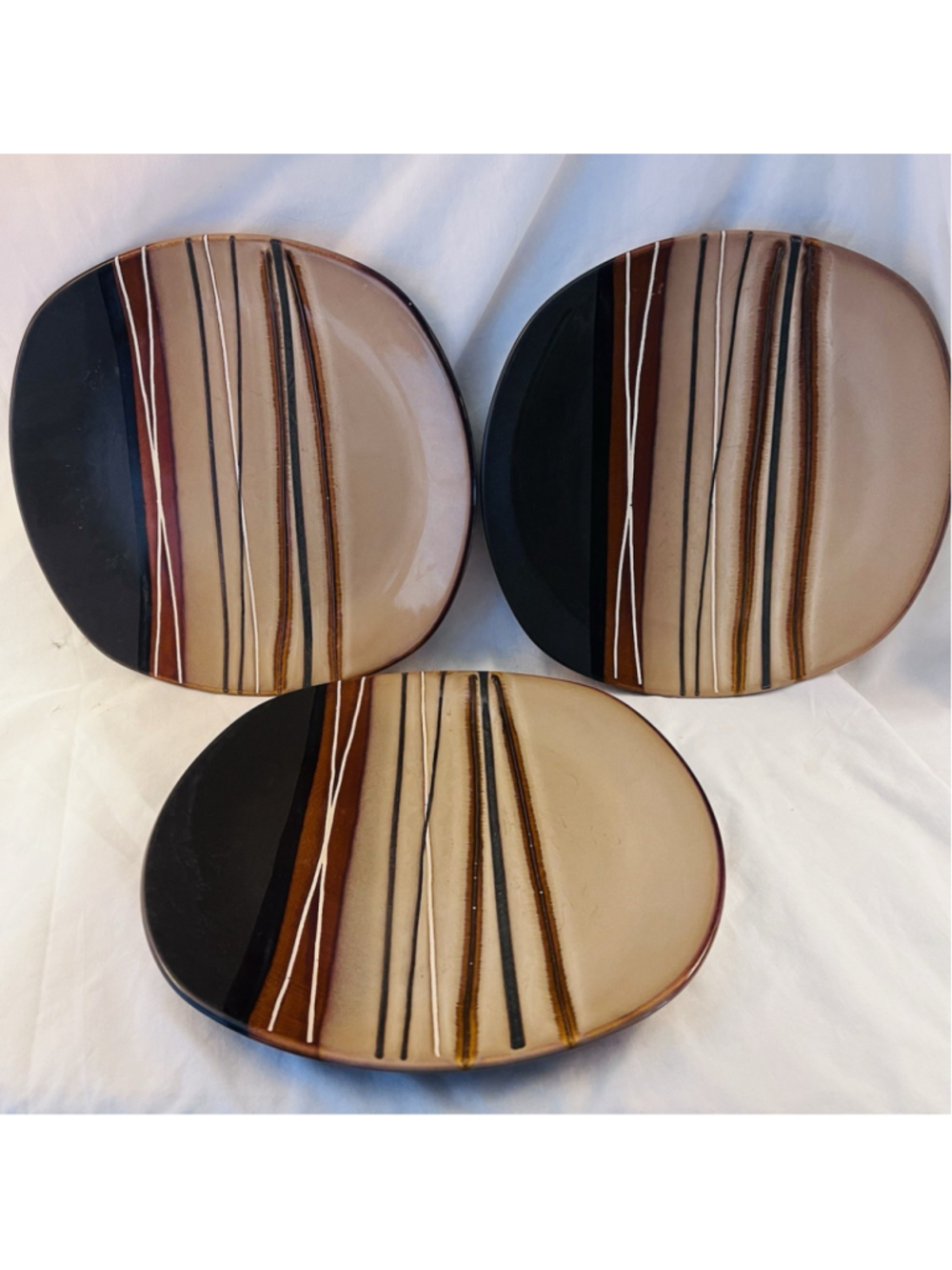 Set of (3) Home Trends Bazaar Brown Tan Striped Dinner Plates 11”